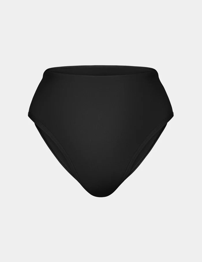 | Leakproof Sculpt High Rise Bikini Swim Bottom shown front-facing against a light gray background | Black