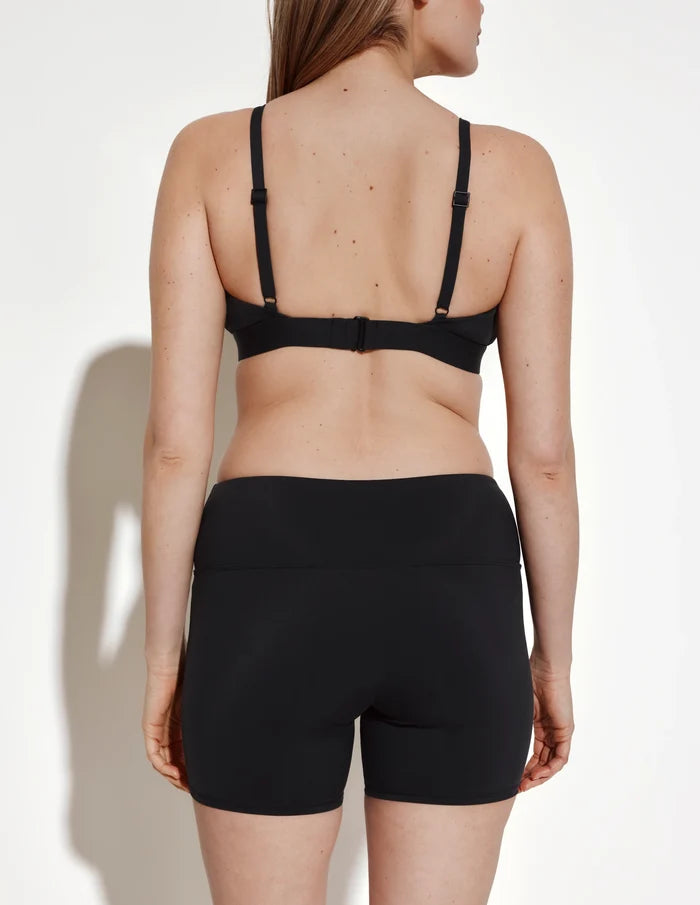 | Back view of model wearing the Leakproof Sculpt Long Swim Short highlighting the coverage and fit | Black