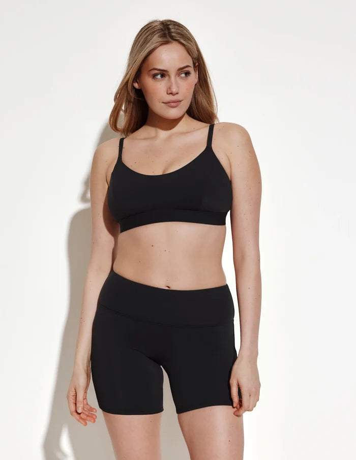| Front view of model wearing the Leakproof Sculpt Long Swim Short highlighting the coverage and fit | Black