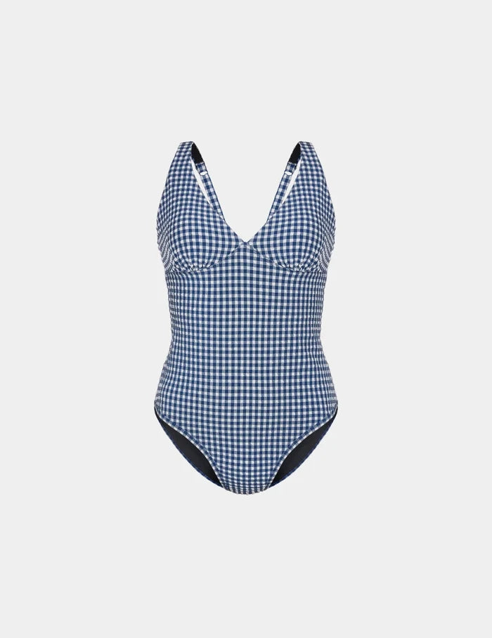 | Leakproof Seersucker Sculpt Deep V One Piece Swimsuit shown front-facing against a light gray background | Navy Seersucker