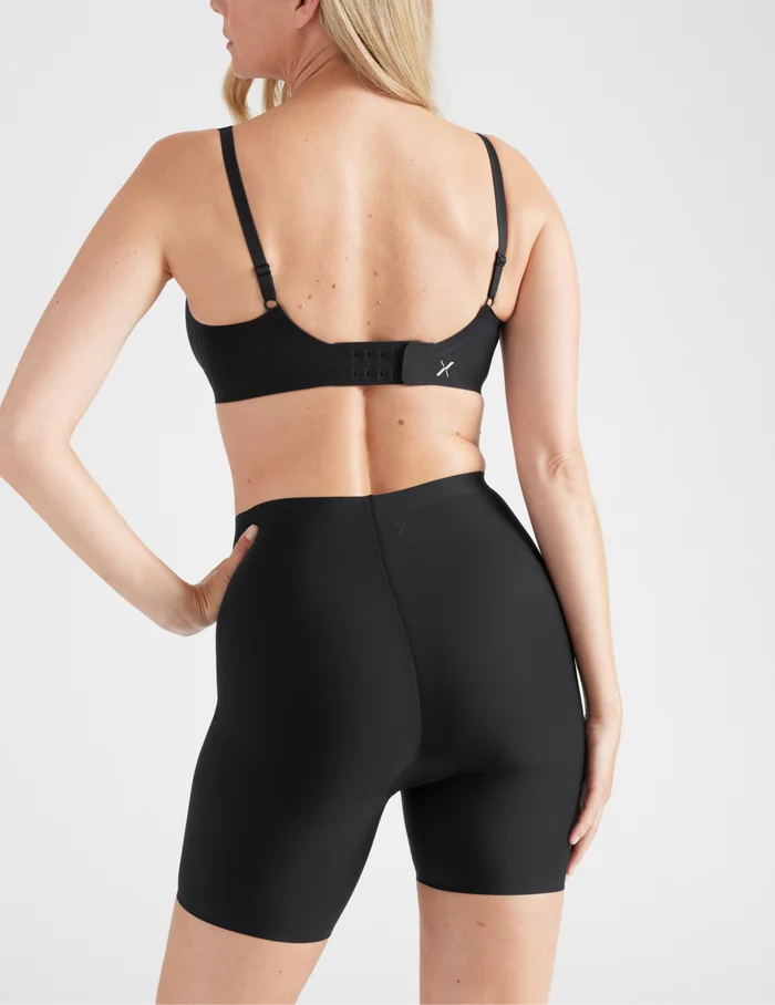| Back view of model wearing the Leakproof Thigh Saver® 6” highlighting the coverage and smooth fit | Black