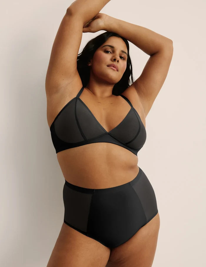 | Front view of model highlighting the coverage and fit | Black