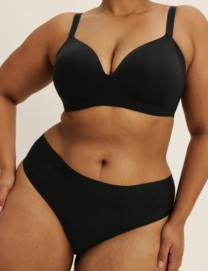 | Front view of model highlighting the coverage and fit | Black