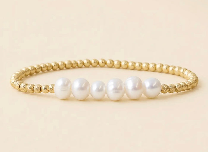 Lenny & Eva Tarnish Resistant Pearl & Gold Beaded Stretch Bracelet, Row