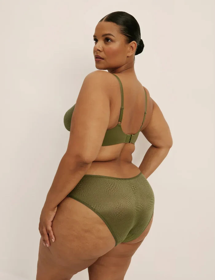 | Front view of model highlighting the coverage and fit | Olive
