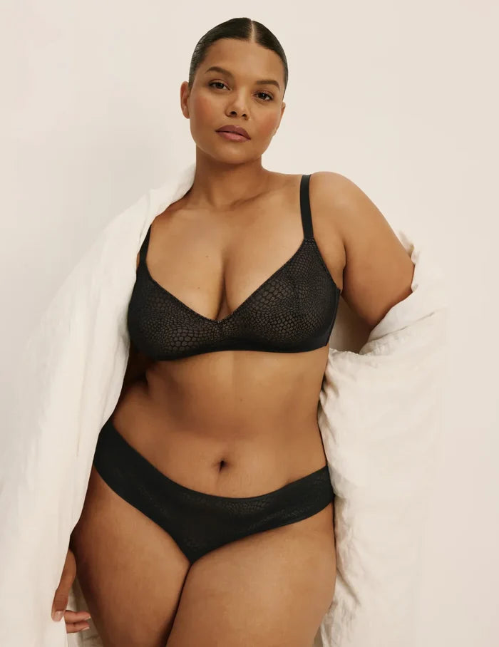 | Front view of model highlighting the coverage and fit | Black