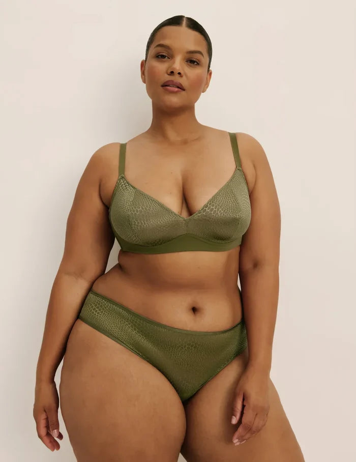 | Front view of model highlighting the coverage and fit | Olive