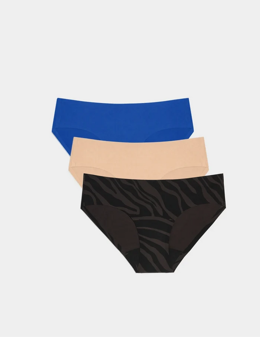 | Light Leakproof No-Show Bikini 3-Pack shown front-facing against a light gray background | Zebra/Cobalt/Warm Sand
