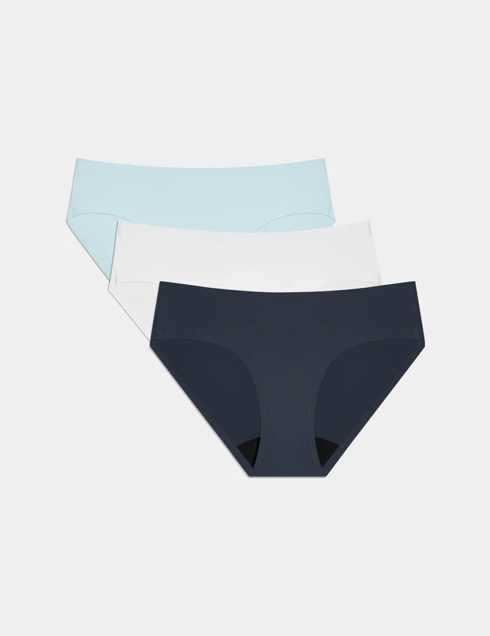 | Light Leakproof No-Show Bikini 3-Pack shown front-facing against a light gray background | Twilight Navy/Blue Light/White