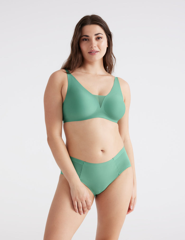 | Front view of model highlighting the coverage and fit | Pistachio
