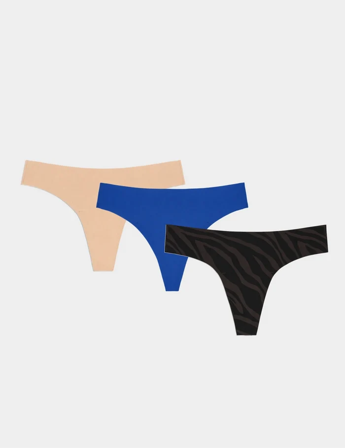 | Light Leakproof No-Show Thong 3-Pack shown front-facing against a light gray background | Zebra/Cobalt/Warm Sand