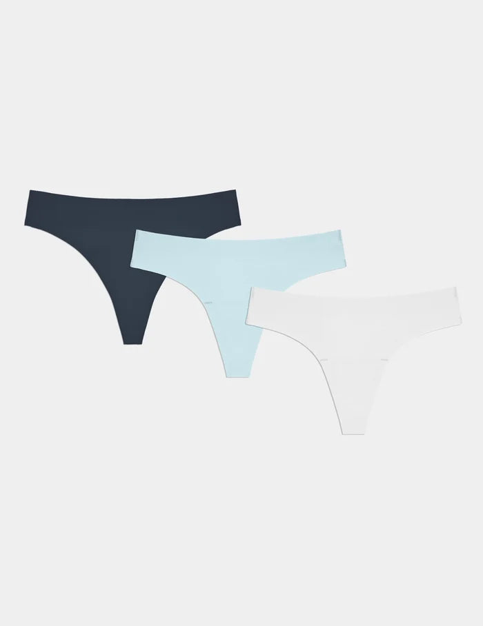 | Light Leakproof No-Show Thong 3-Pack shown front-facing against a light gray background | Twilight Navy/Blue Light/White