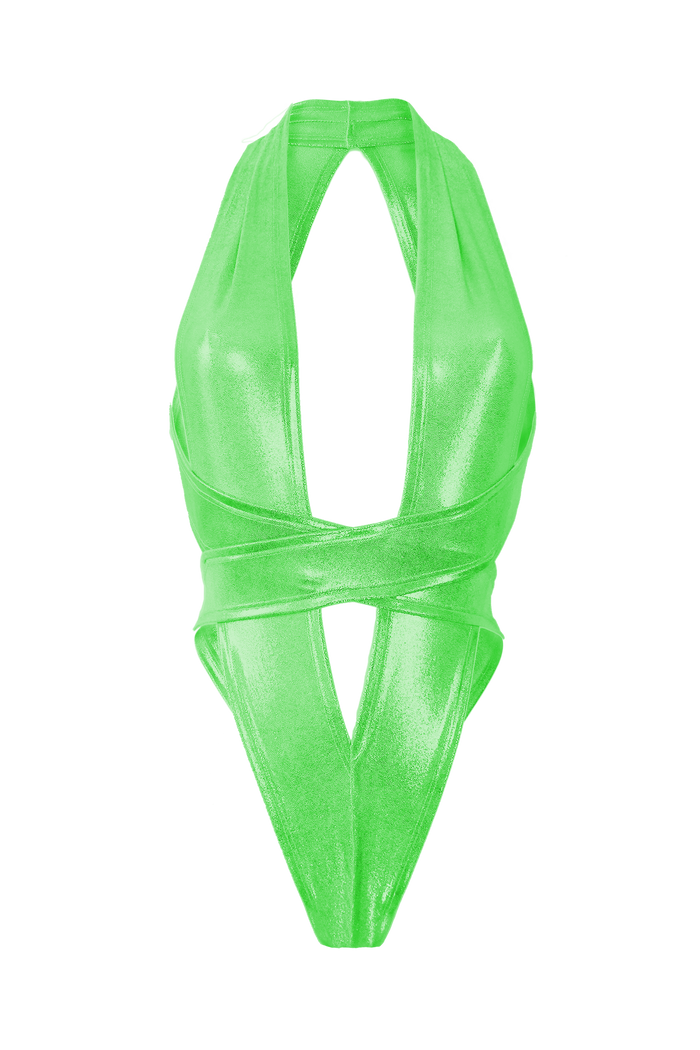 CRISS CROSS Hologram Bondage Bodysuit / RAVE Bodysuit / NEON LIME,BODYSUITS - EXES LINGERIE