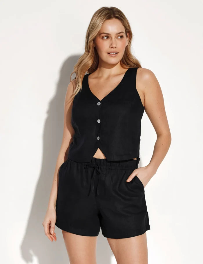 | Front view of model wearing the Linen Poolside Short highlighting the coverage and fit | Black