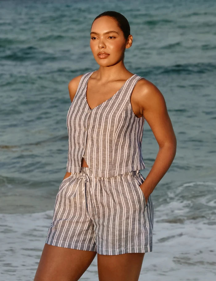| Front view of model wearing the Linen Poolside Short highlighting the coverage and fit | Blue/White Stripe