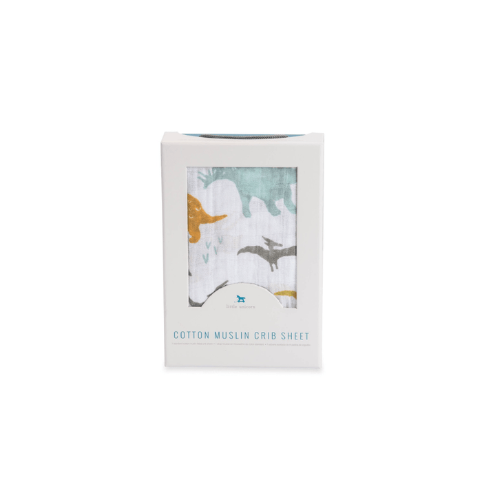 Little Unicorn Muslin Fitted Cot Sheet - Animals - Dino Friends