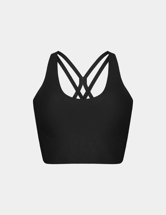 | View of Longevity Sports Bra shown front-facing against a light gray background | Black