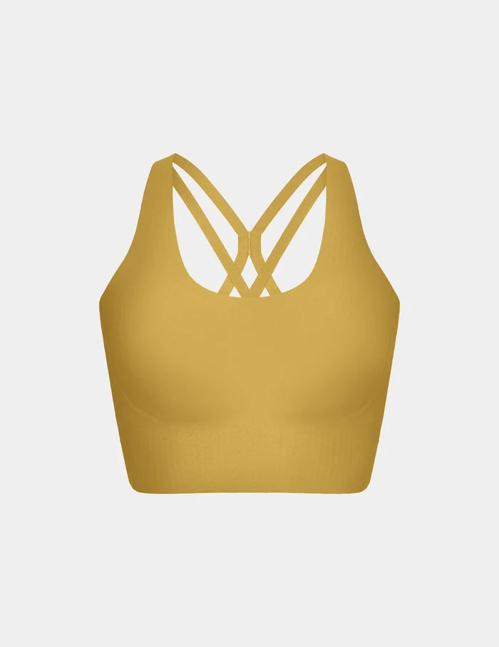 | View of Longevity Sports Bra shown front-facing against a light gray background | Burnished Gold