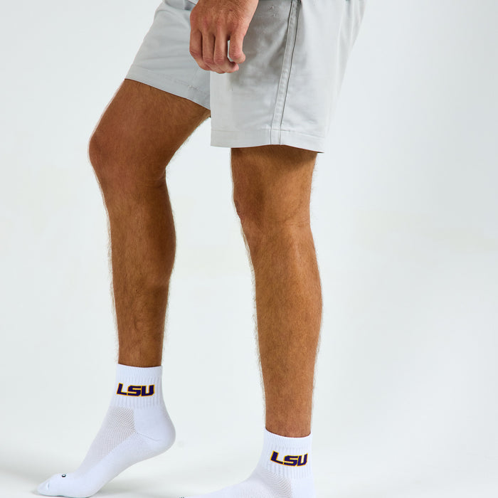 Del Campo LSU Tigers golf socks on a male model in studio