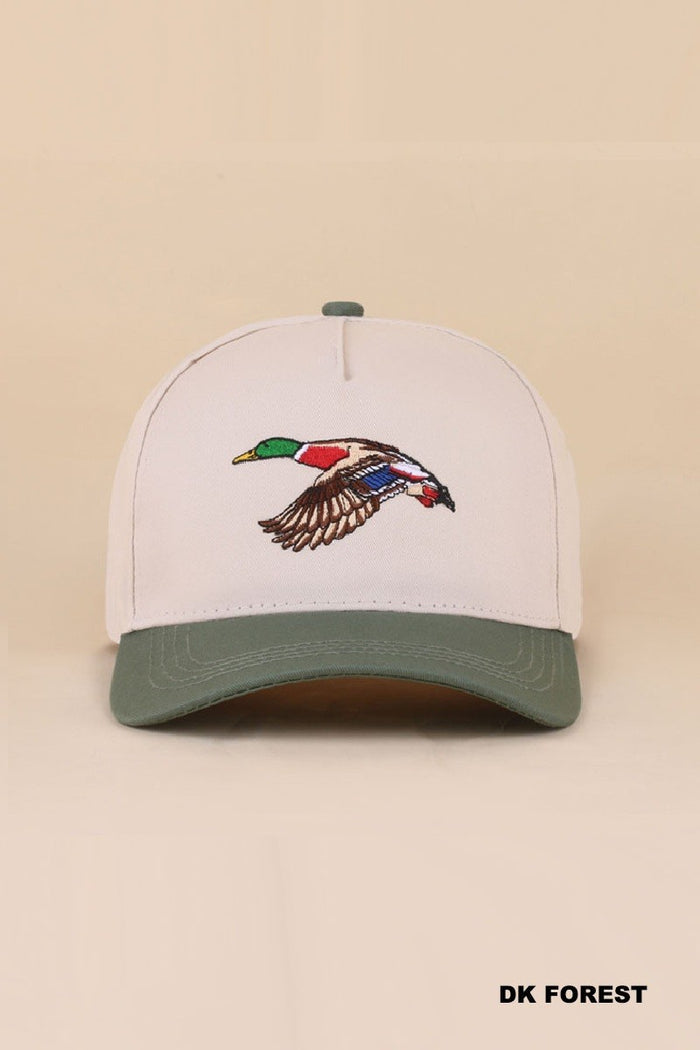 Baseball style hat with a mallard duck emblem