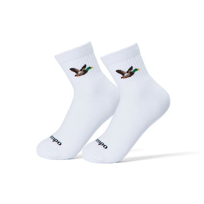 Pair of Del Campo Mallard socks with embroidered flying duck logo on white