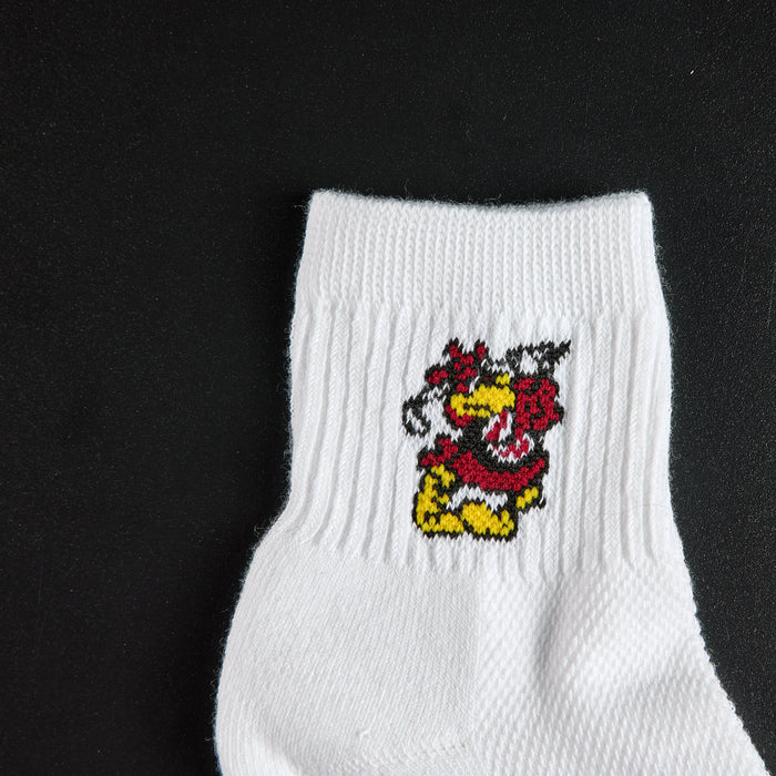 Close-up of Testudo the terrapin mascot on Del Campo Maryland Terrapins golf socks