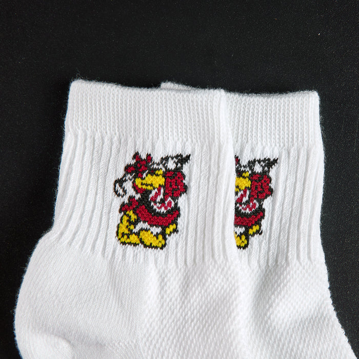 Close-up of Testudo the terrapin on Del Campo Maryland Terrapins golf socks