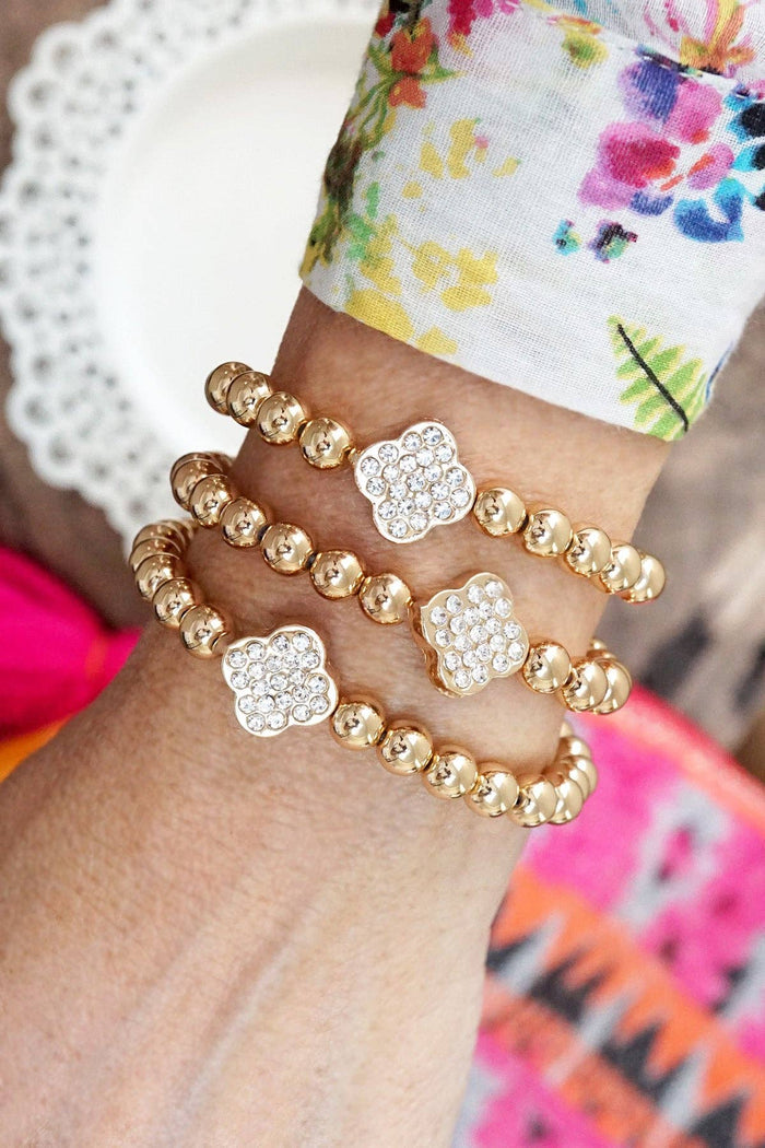Crystal Quatrefoil Gold tone ball beads bracelet stack of 3 bracelets Set of 3 bracelets in Shiny Gold tone 6mm CCB beads Clear Crystal paved Clovers
