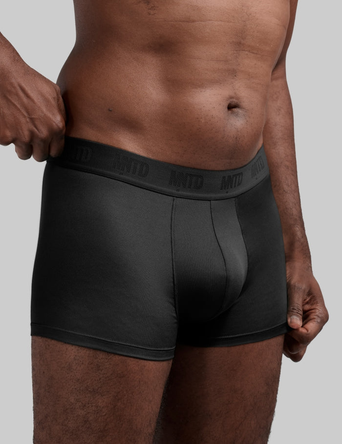| Front view of model wearing the Men's ActivTemp™ Trunk 3" highlighting the coverage and fit | Black