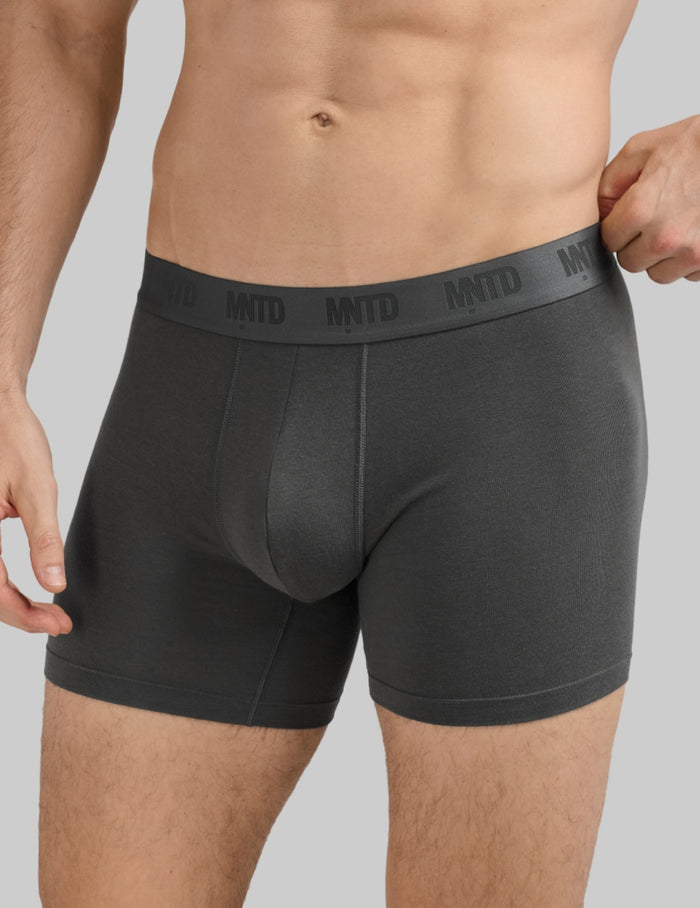 | Front view of model wearing the Men's Best Damn™ Cotton Modal Boxer Brief 5" highlighting the coverage and fit | Pewter