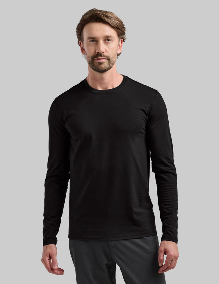 | Front view of model wearing the Men's Best Damn Long Sleeve highlighting the coverage and fit | Black