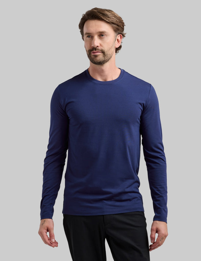 | Front view of model wearing the Men's Best Damn Long Sleeve highlighting the coverage and fit | Midnight