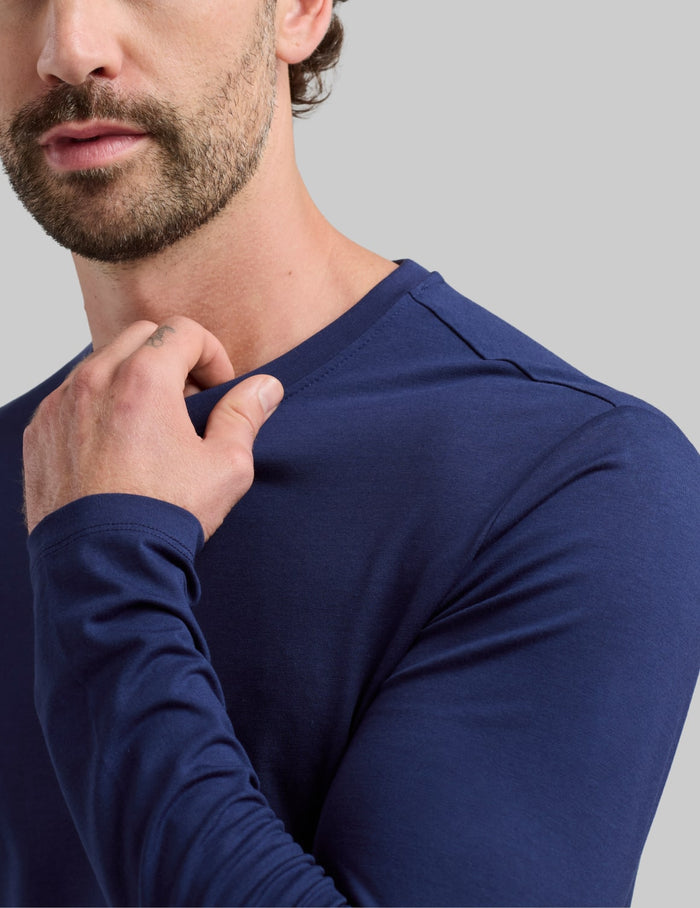 | Front view of model wearing the Men's Best Damn Long Sleeve highlighting the coverage and fit | Midnight