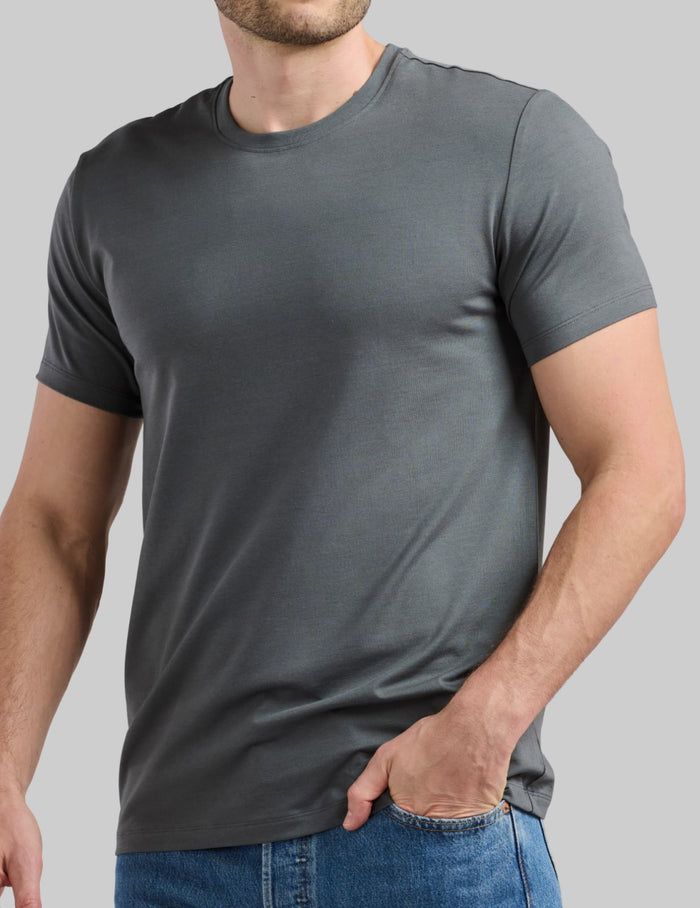 | Front view of model wearing the Men's Best Damn Tee highlighting the coverage and fit | Pewter