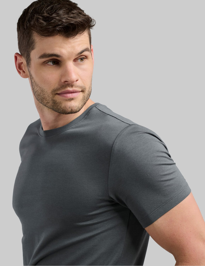 | Front view of model wearing the Men's Best Damn Tee highlighting the coverage and fit | Pewter