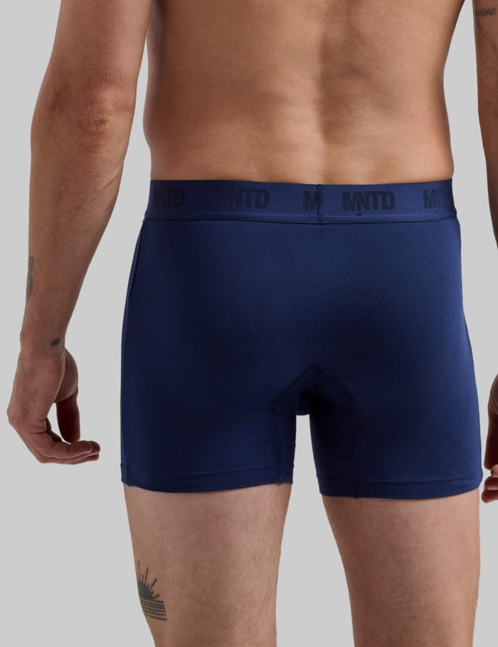 | Back view of model wearing the Men's Buffer Cotton Boxer Brief 5" highlighting the coverage and fit | Midnight