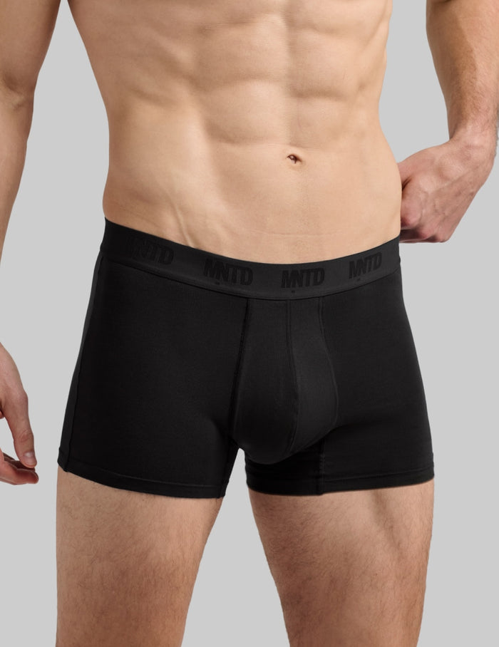 | Front view of model wearing the Men's Buffer Cotton Trunk 3" highlighting the coverage and fit | Black