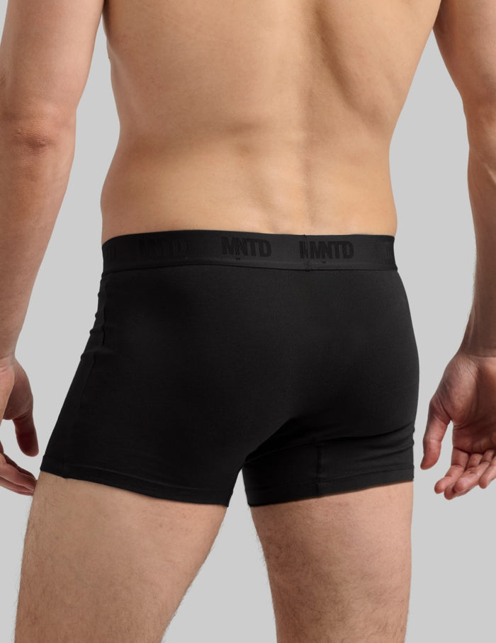 | Back view of model wearing the Men's Buffer Cotton Trunk 3" highlighting the coverage and fit | Black