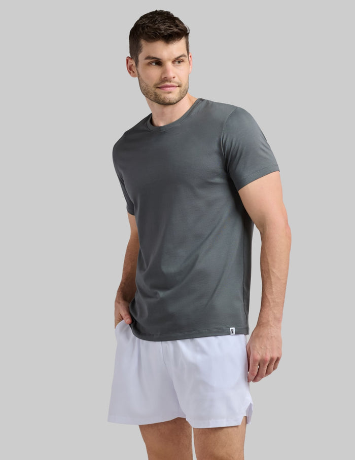 | Front view of model wearing the Men's CoolShift™ Tee highlighting the coverage and fit | Pewter