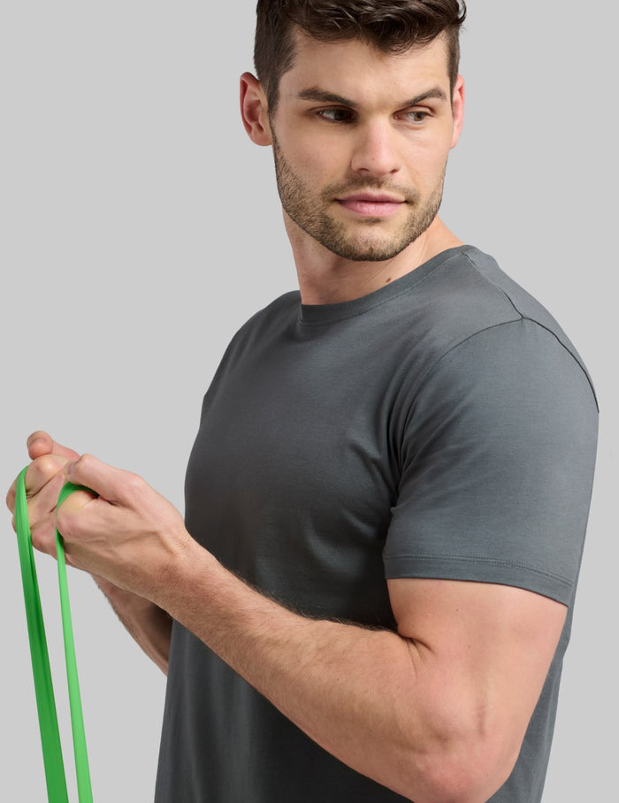 | Front view of model wearing the Men's CoolShift™ Tee highlighting the coverage and fit | Pewter