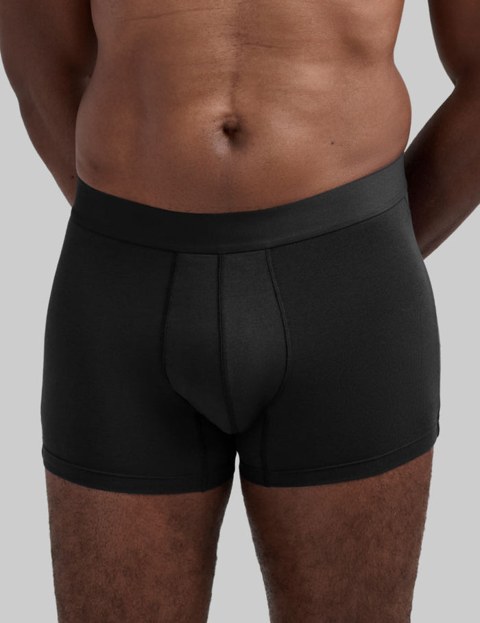 | Front view of model wearing the Men's EverDry Cotton Trunk 3" highlighting the coverage and fit | Black