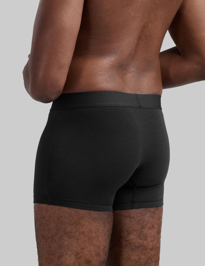 | Back view of model wearing the Men's EverDry Cotton Trunk 3" highlighting the coverage and fit | Black