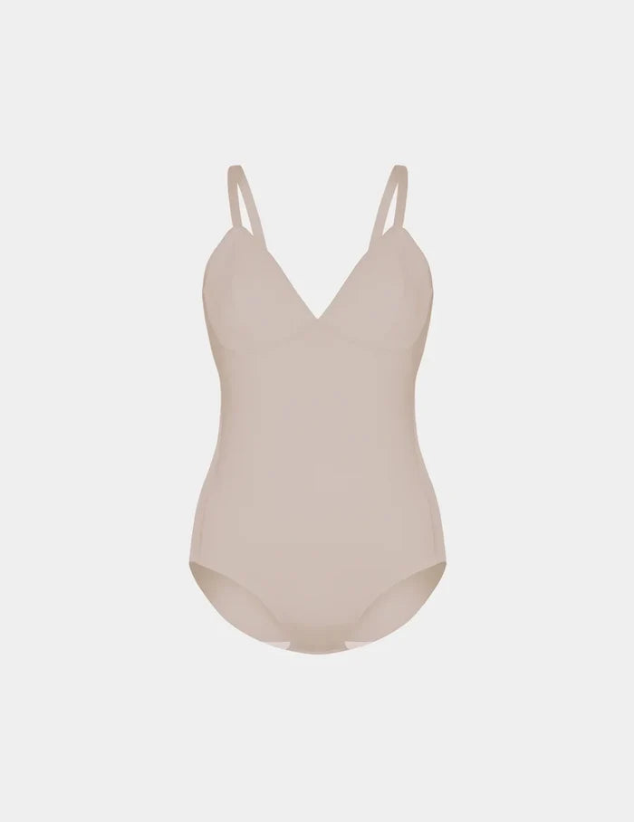 | Mesh Deep V Bodysuit shown front-facing against a light gray background | Oyster