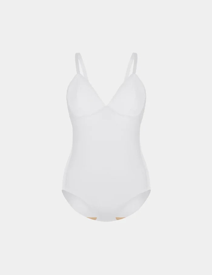 | Mesh Deep V Bodysuit shown front-facing against a light gray background | White
