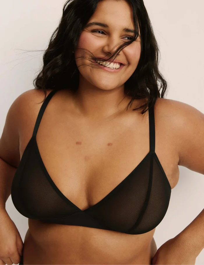 Adiya is a 36C and wearing KNIX L  | Front view of model wearing the Mesh Deep V Bra, highlighting the neckline, strap design, and smooth silhouette | Black