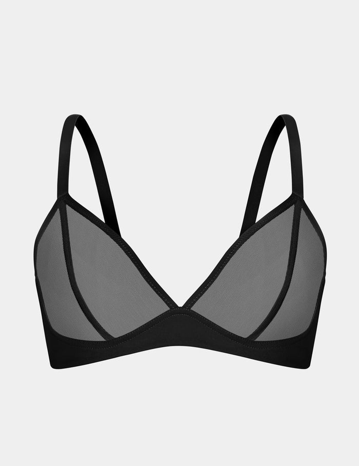 | View of Mesh Deep V Bra shown front-facing against a light gray background | Black
