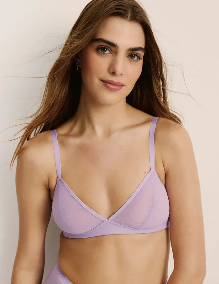 | Front view of model wearing the Mesh Deep V Bra, highlighting the neckline, strap design, and smooth silhouette | Lilac