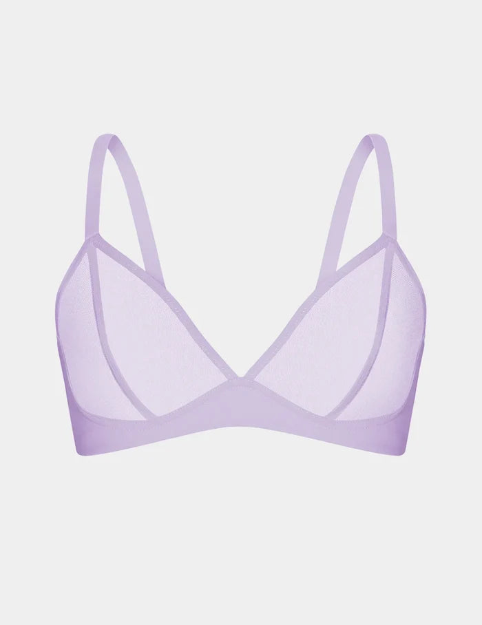 | View of Mesh Deep V Bra shown front-facing against a light gray background | Lilac