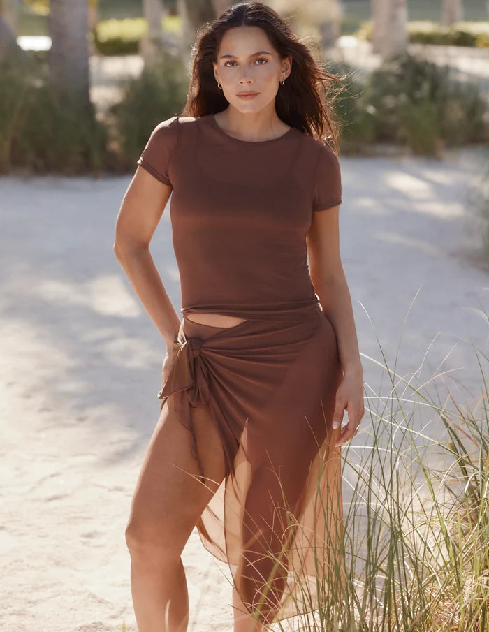 | Front view of model wearing the Mesh Sarong highlighting the coverage and fit | Espresso