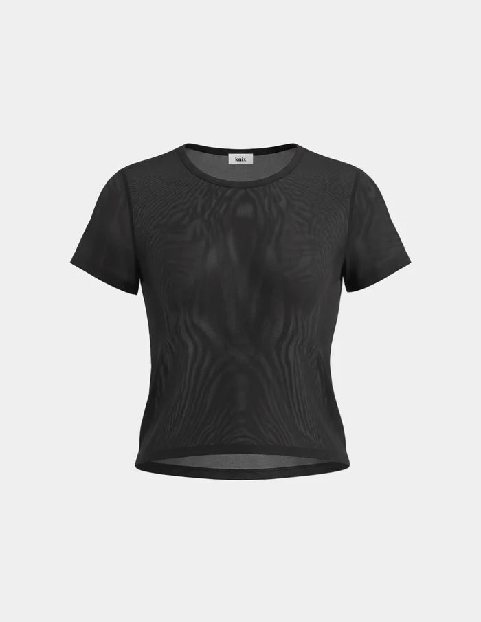 | Mesh Short Sleeve Top shown front-facing against a light gray background | Black
